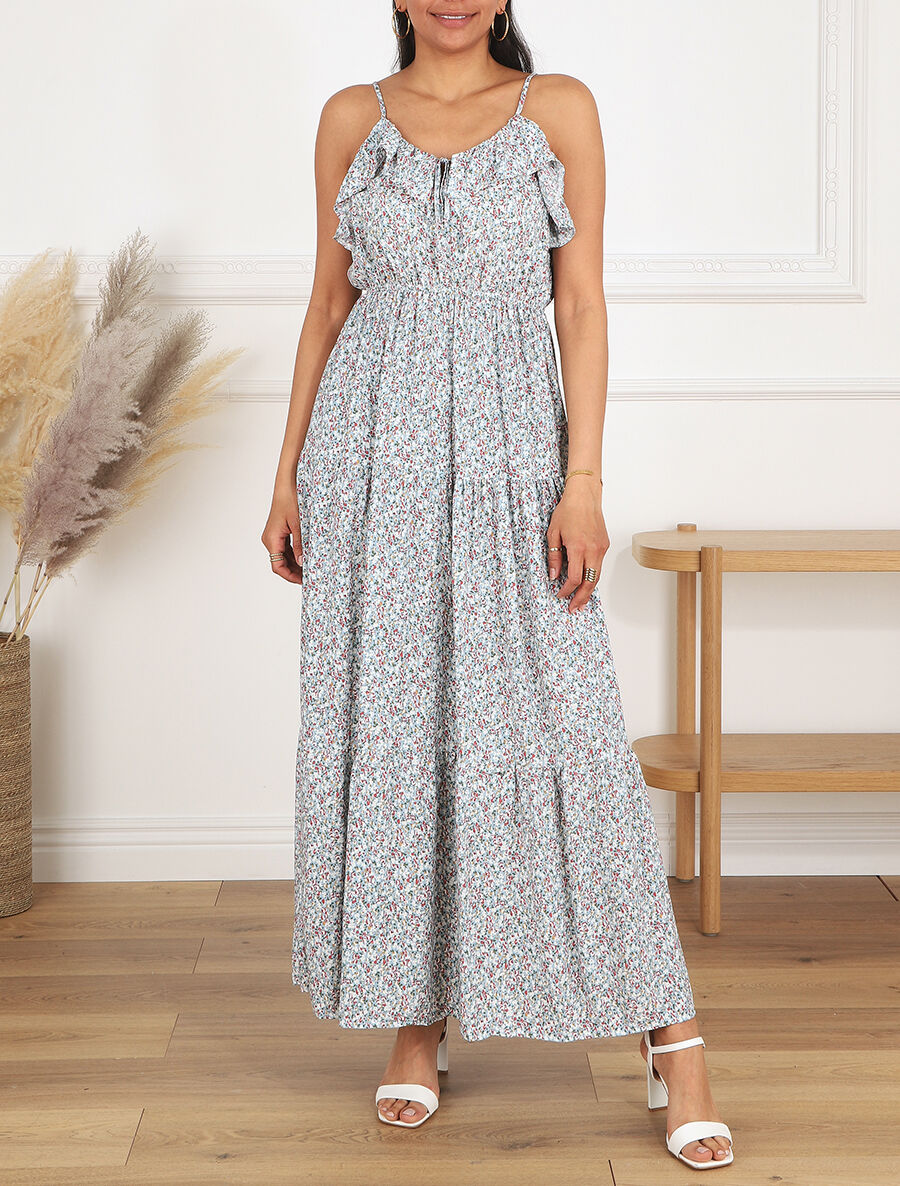 Robe longue à volants imprimé petites fleurs - Bleu clair - 4