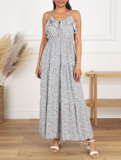 Robe longue à volants imprimé petites fleurs - Bleu clair - 4