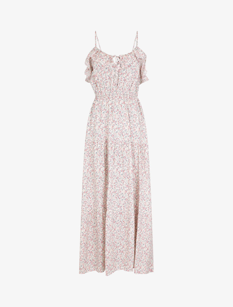 Robe longue à volants imprimé petites fleurs - Blanc - 1