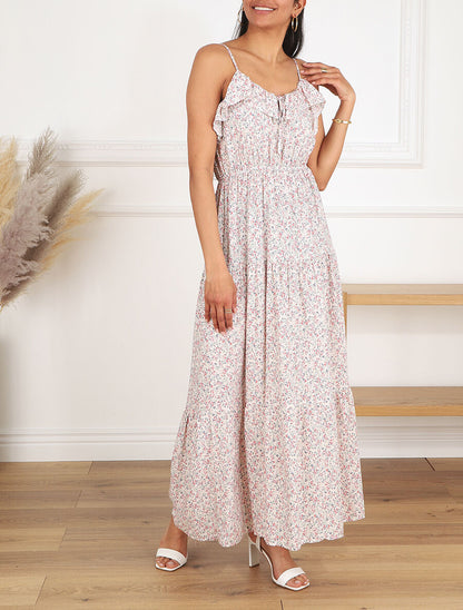 Robe longue à volants imprimé petites fleurs - Blanc - 4