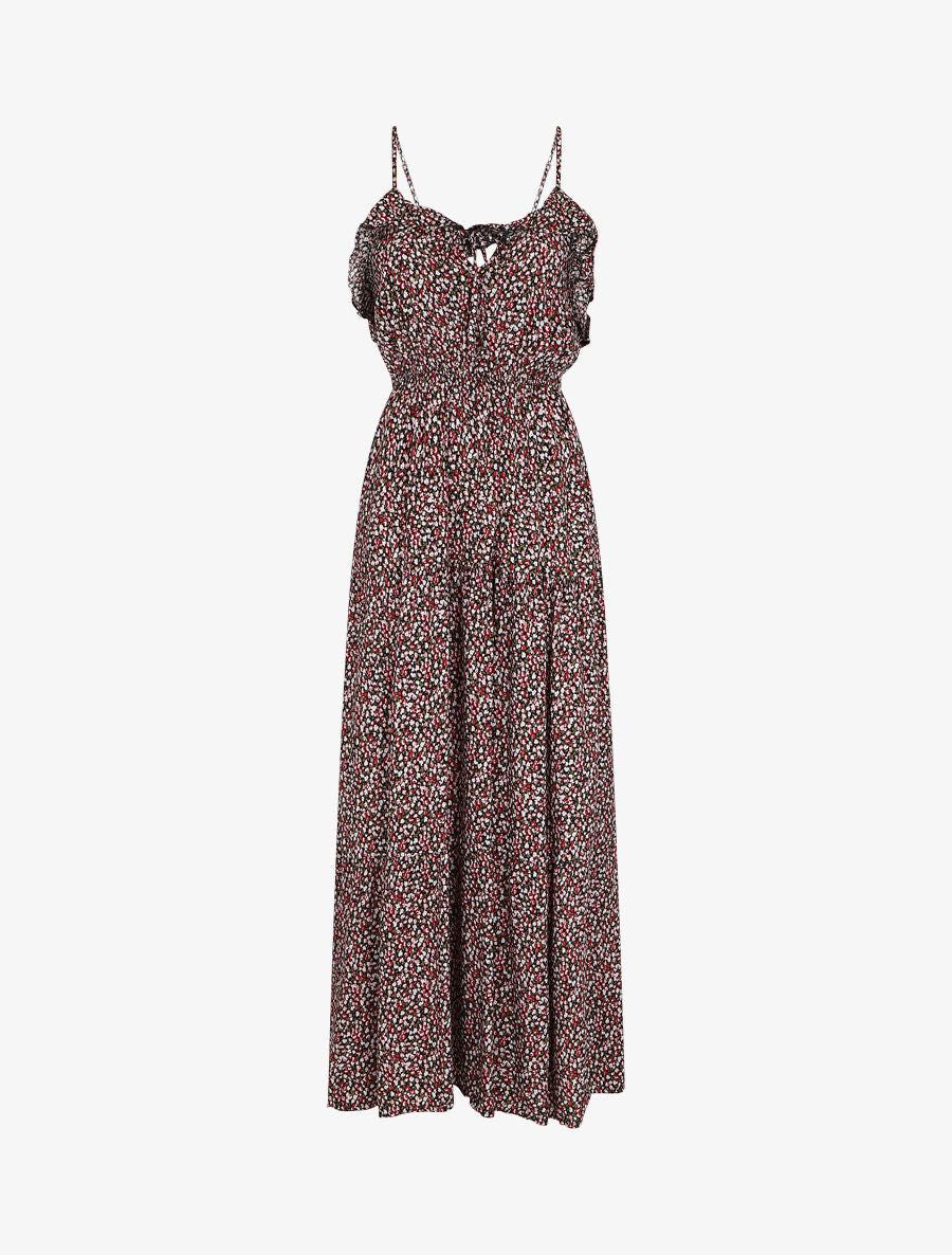 Robe longue à volants imprimé petites fleurs - Noir - 1