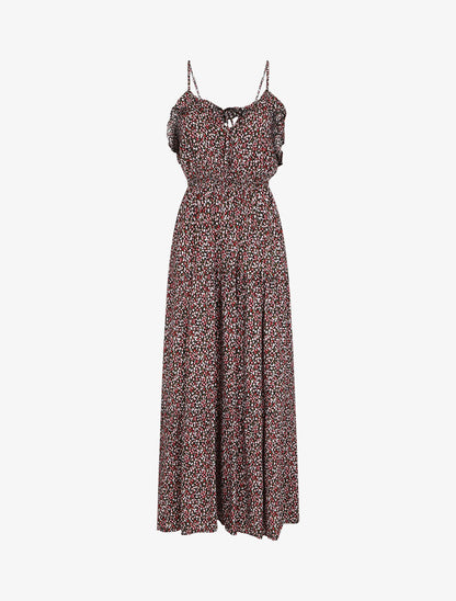 Robe longue à volants imprimé petites fleurs - Noir - 1