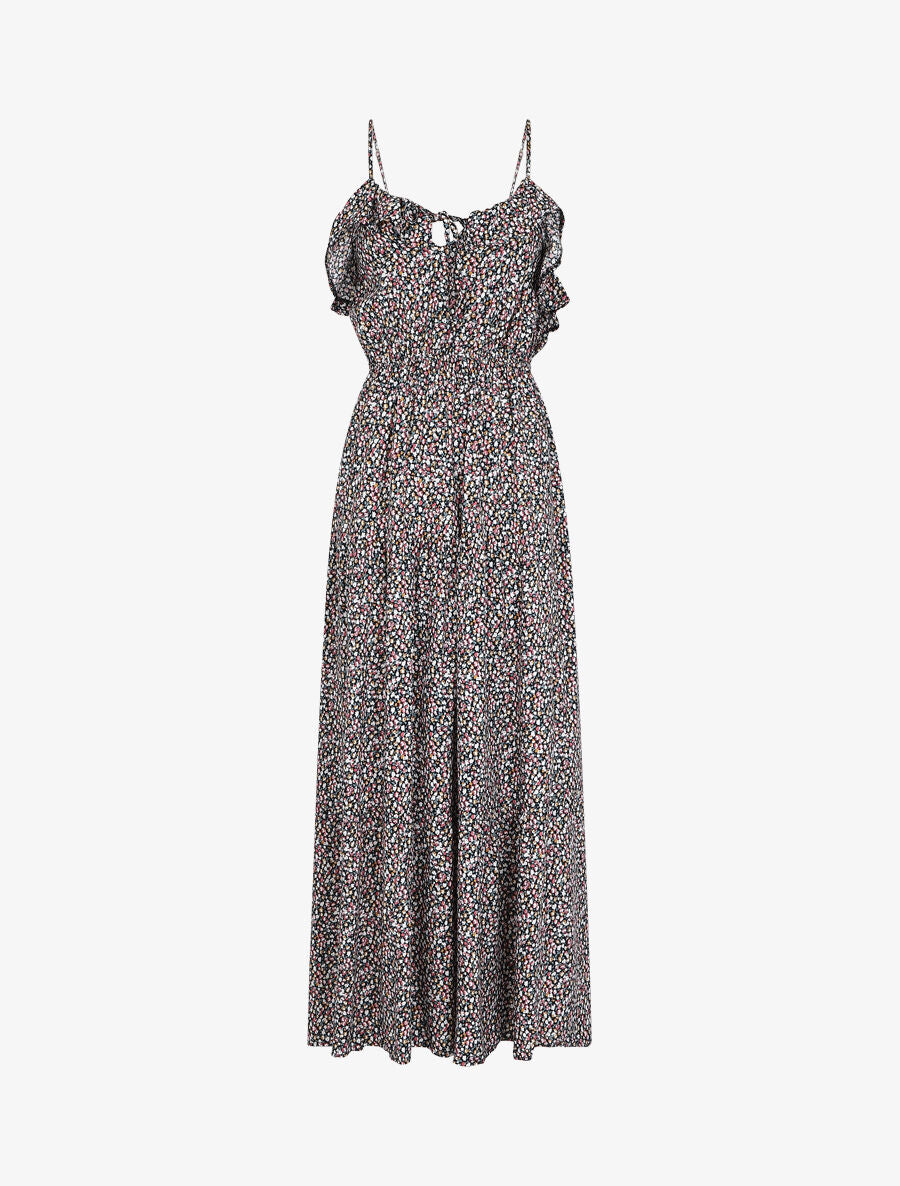 Robe longue à volants imprimé petites fleurs - Marine - 1