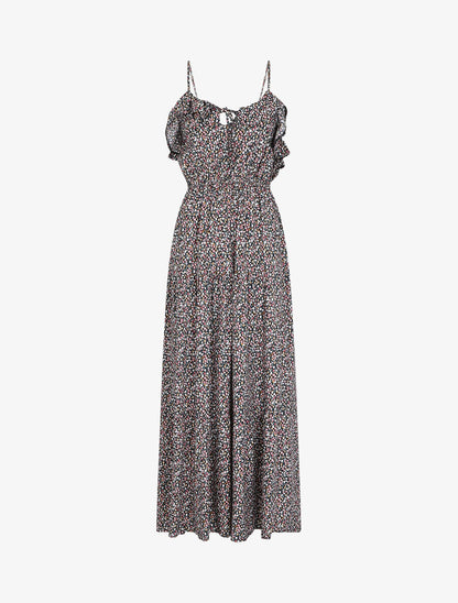 Robe longue à volants imprimé petites fleurs - Marine - 1