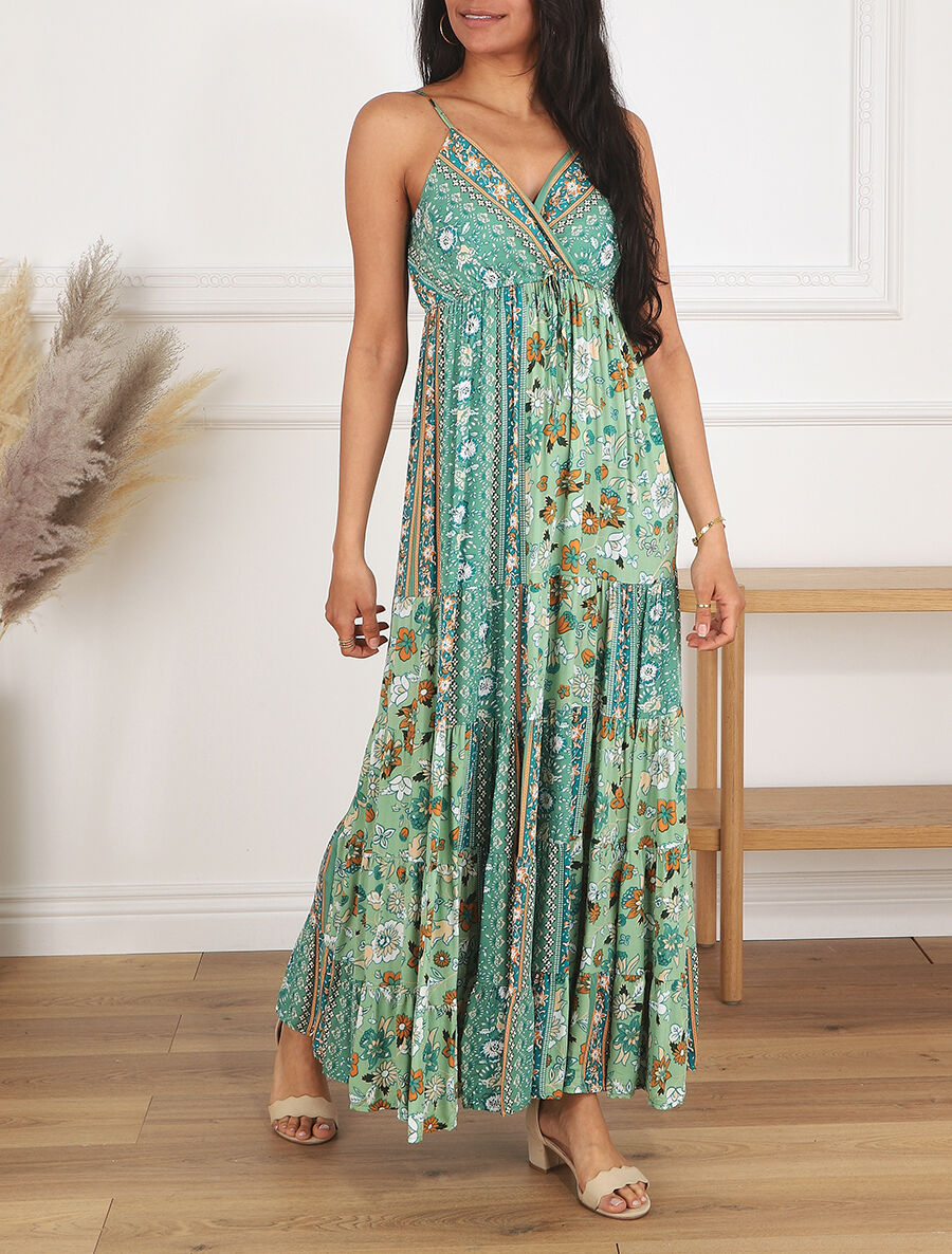 Robe longue imprimé floral style patchwork - Vert - 4