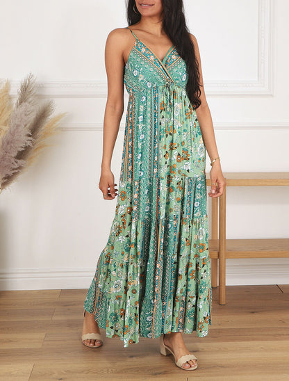 Robe longue imprimé floral style patchwork - Vert - 4