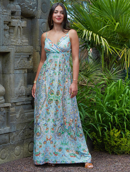 Robe longue fleurie et irisée - Bleu pastel - 1
