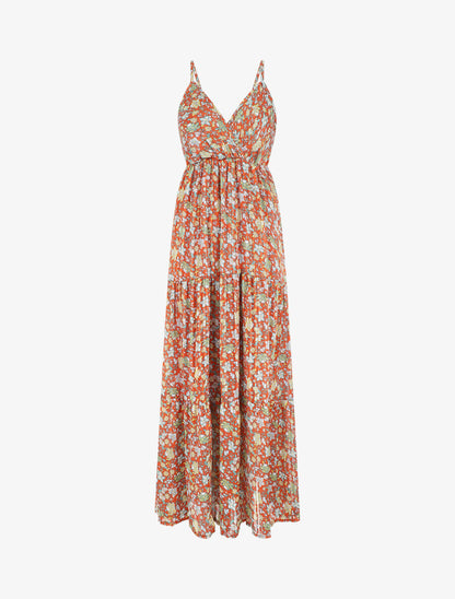 Robe longue fleurie et satinée à bretelles - Rouille - 2