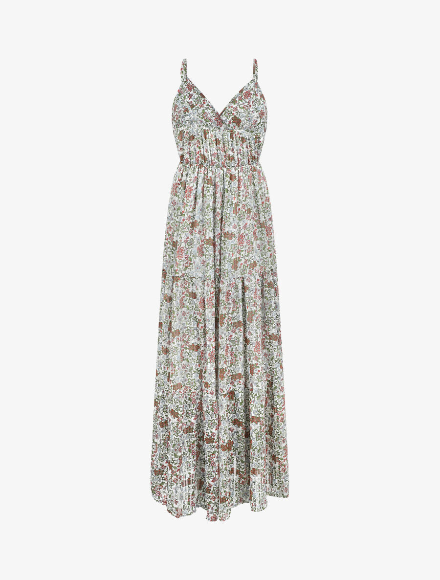 Robe longue fleurie et satinée à bretelles - Blanc - 3