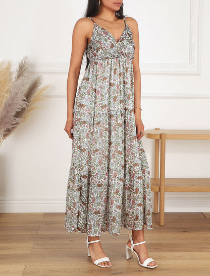 Robe longue fleurie et satinée à bretelles - Blanc - 1
