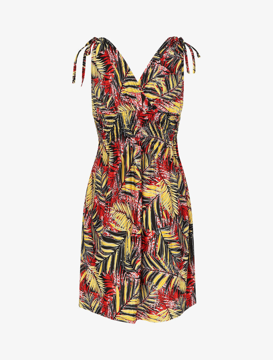 Robe courte élastiquée imprimé feuilles tropicales - Rouge - 2
