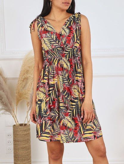 Robe courte élastiquée imprimé feuilles tropicales - Rouge - 4