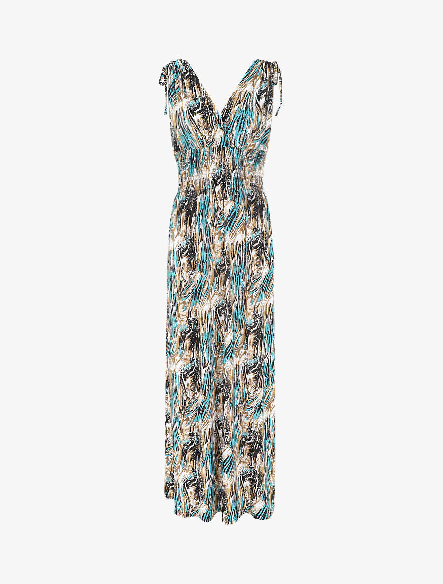 Robe longue élastiquée imprimé fantaisie - Bleu canard - 1