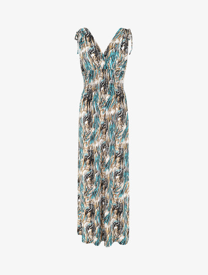 Robe longue élastiquée imprimé fantaisie - Bleu canard - 1