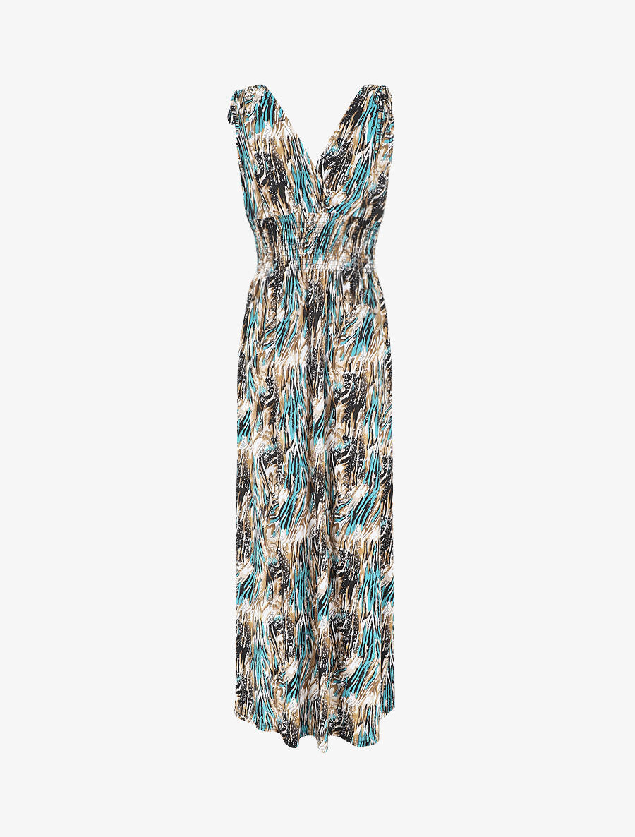 Robe longue élastiquée imprimé fantaisie - Bleu canard - 2