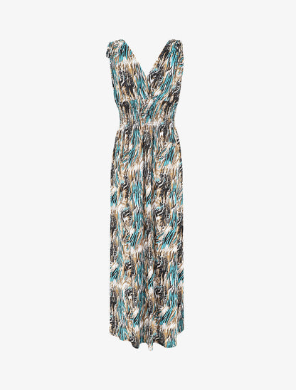 Robe longue élastiquée imprimé fantaisie - Bleu canard - 2