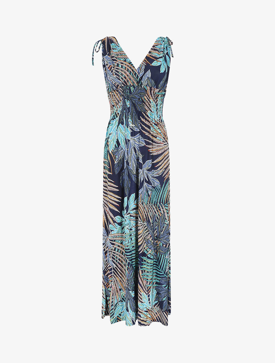 Robe longue élastiquée imprimé feuilles exotiques - Marine - 1