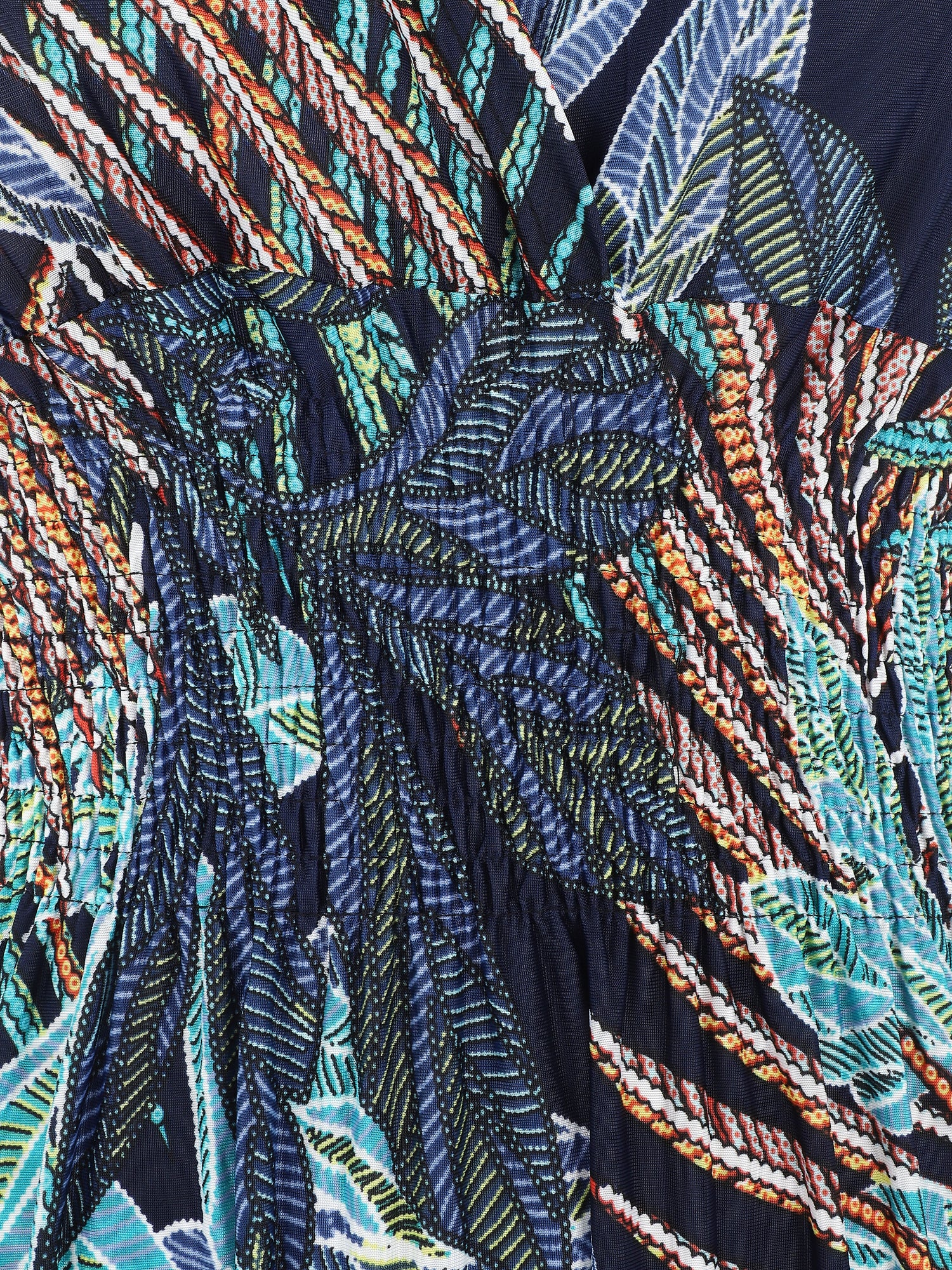 Robe longue élastiquée imprimé feuilles exotiques - Marine - 3
