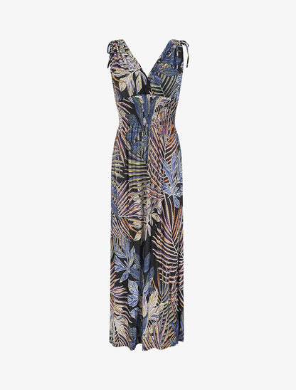 Robe longue élastiquée imprimé feuilles exotiques - Noir - 5