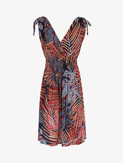 Robe mi-longue élastiquée imprimé feuilles exotiques - Rouge - 2