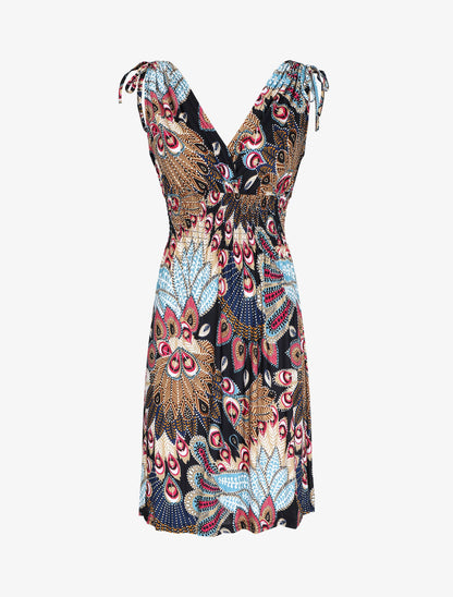 Robe mi-longue élastiquée imprimé plumes de paon - Rose - 5