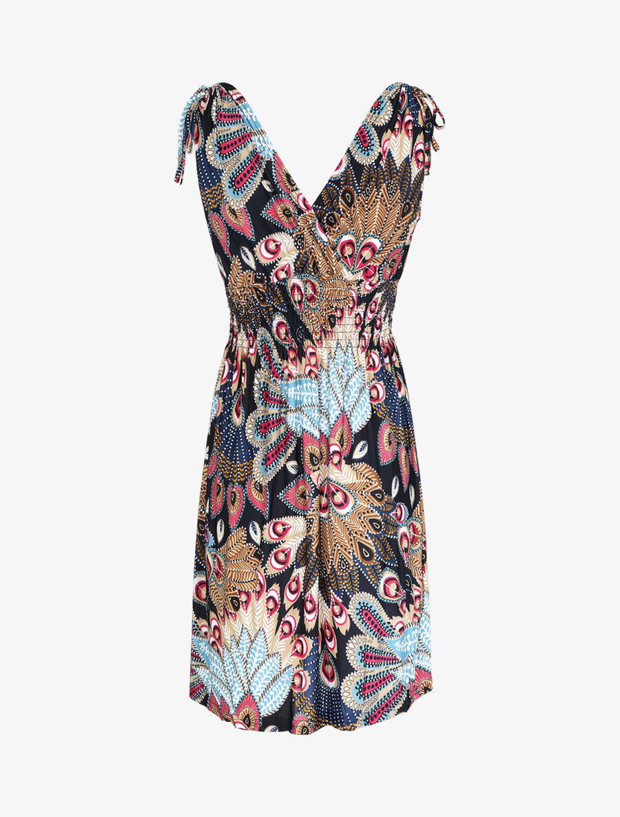 Robe mi-longue élastiquée imprimé plumes de paon - Rose - 2