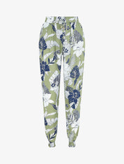 Pantalon imprimé feuilles tropicales à bas élastiqués - Kaki - 1