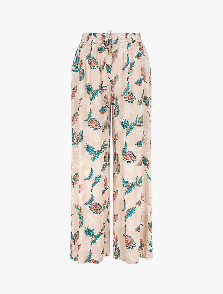 Pantalon élastiqué imprimé feuilles - Beige - 1