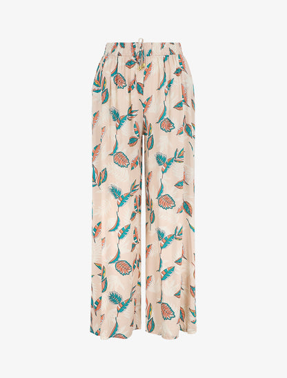 Pantalon élastiqué imprimé feuilles - Beige - 1