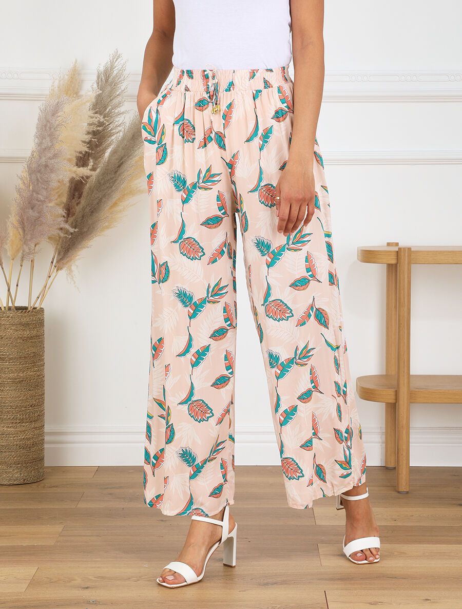 Pantalon élastiqué imprimé feuilles - Beige - 4