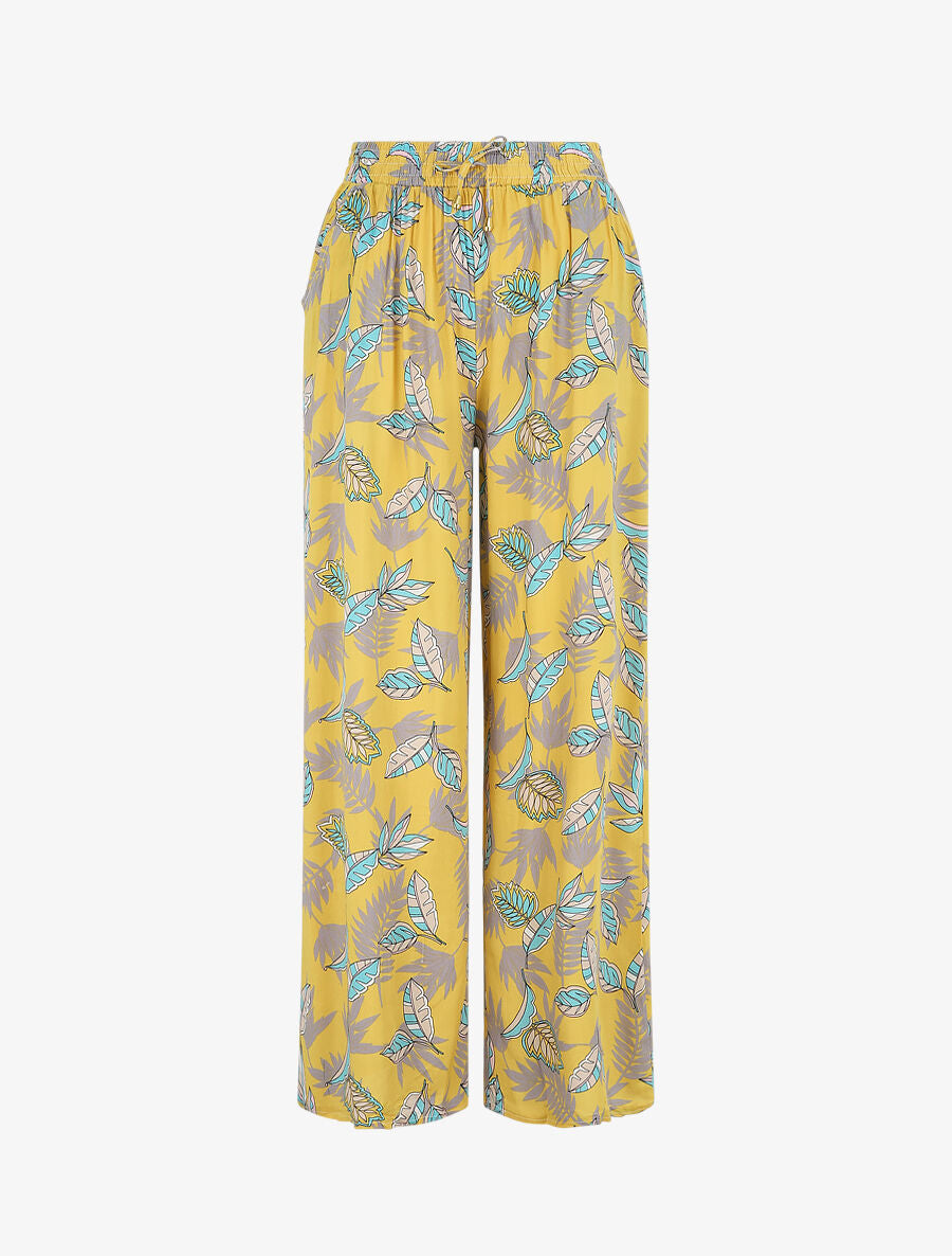 Pantalon élastiqué imprimé feuilles - Jaune - 5