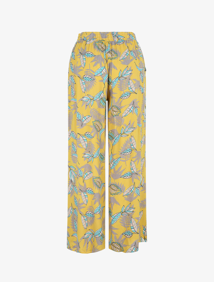 Pantalon élastiqué imprimé feuilles - Jaune - 2