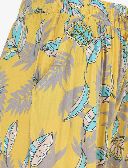 Pantalon élastiqué imprimé feuilles - Jaune - 3