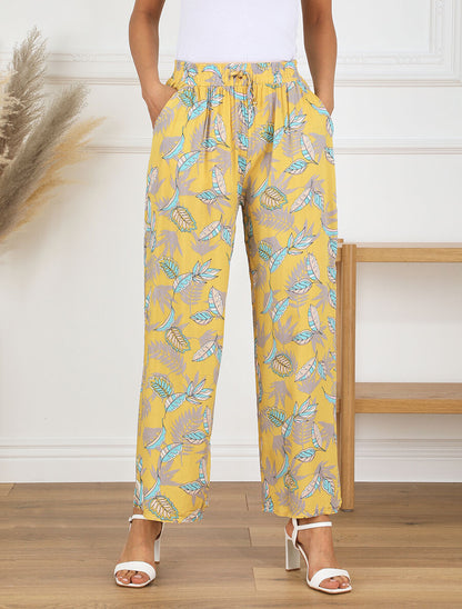 Pantalon élastiqué imprimé feuilles - Jaune - 4