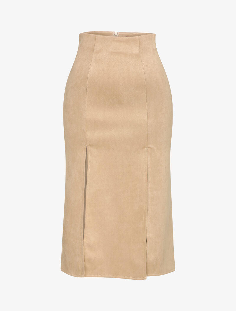 Jupe en suédine à bords fendues - Beige - 1