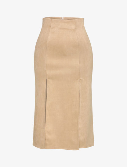 Jupe en suédine à bords fendues - Beige - 1