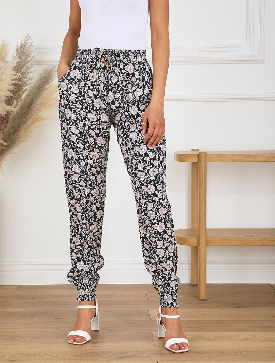 Pantalon droit à motif fleurs fantaisies - Marine - 4