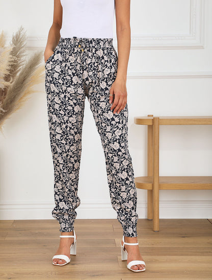 Pantalon droit à motif fleurs fantaisies - Marine - 4
