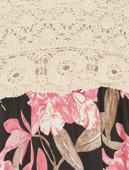 Robe longue crochet et motif orchidée - Noir - 4