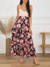 Robe longue crochet et motif orchidée - Noir - 1