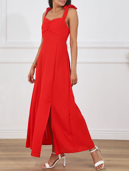 Robe longue unie à bretelles - Rouge - 4