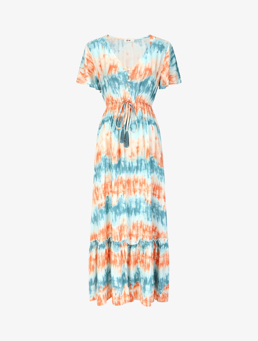 Robe longue évasée tie and dye - Bleu/orange - 5