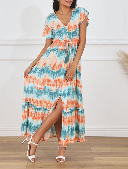 Robe longue évasée tie and dye - Bleu/orange - 4