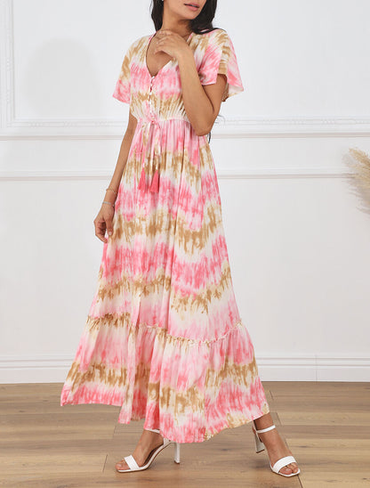 Robe longue évasée tie and dye - Camel/rose - 4