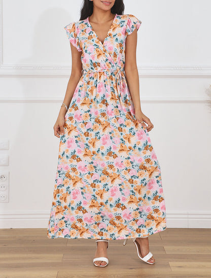 Robe longue évasée à fleurs - Beige - 4