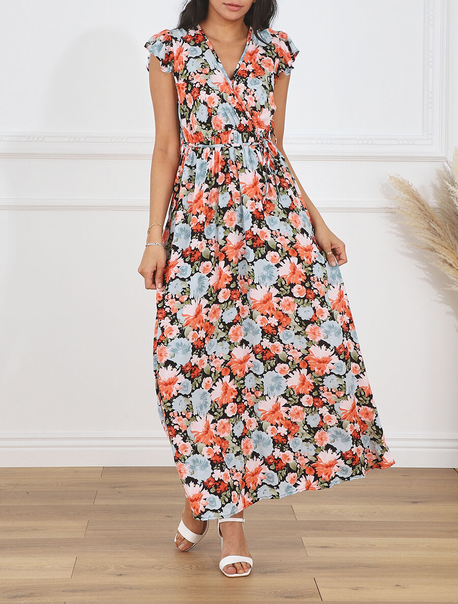Robe longue évasée à fleurs - Noir - 4