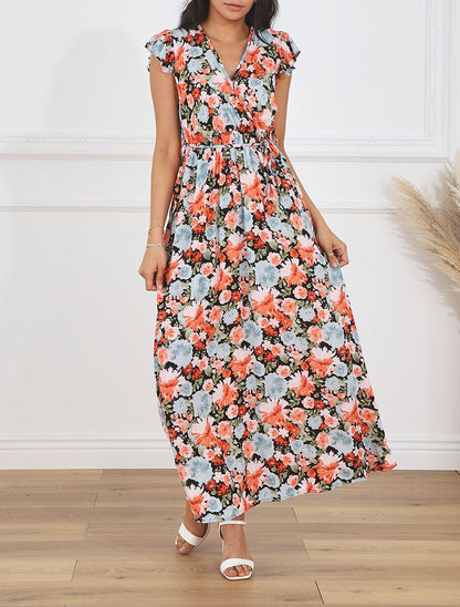 Robe longue évasée à fleurs - Noir - 4