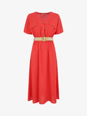 Robe longue uni manches courtes - Rouge - 5