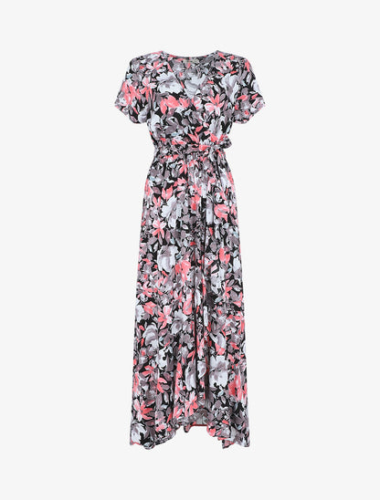 Robe longue fleurie manches courtes - Noir - 1