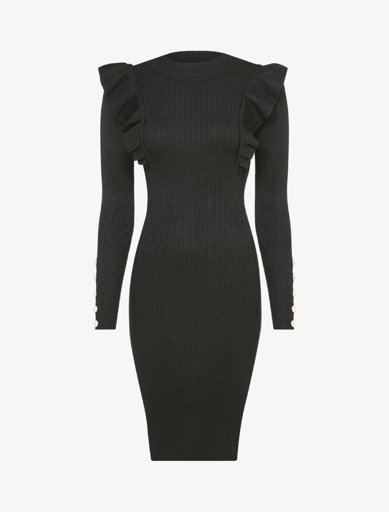 Robe côtelée à épaules volantées - Noir - 5